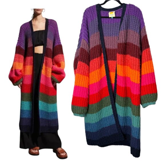 FARM Rio Sweaters - Farm Rio Chunky Wool Rainbow Cardigan Sweater Long Line Oversized Medium Large